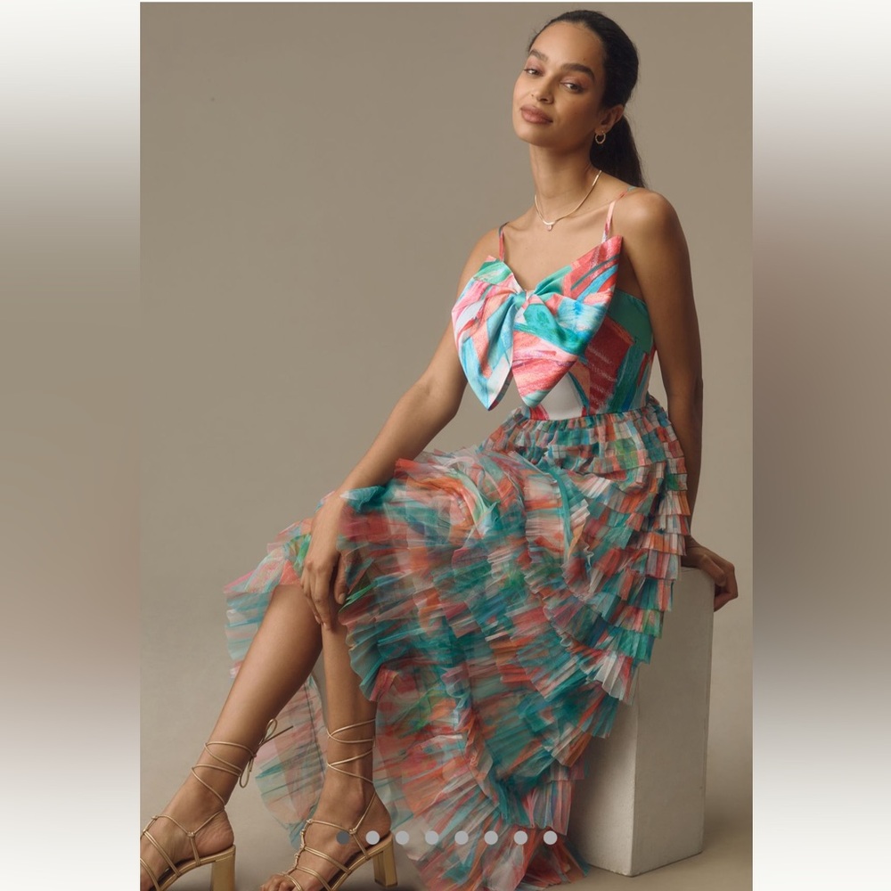 Anthropologie Hutch bow layered ruffle gown. 00P. New with tags. Multi colored